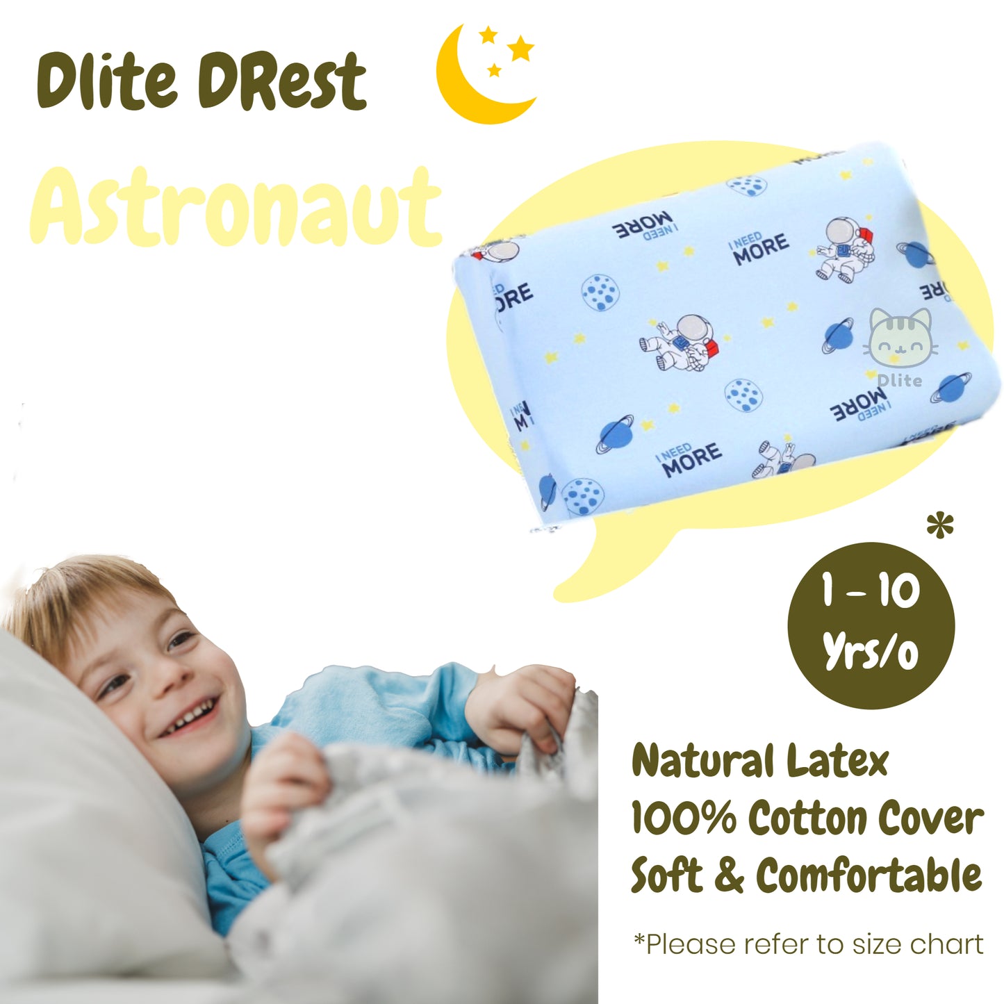 ✅ Dlite DRest Natural Latex Pillow 100% Cotton Pillowcase Kids Pillow 42*27*6cm SGS Compliant
