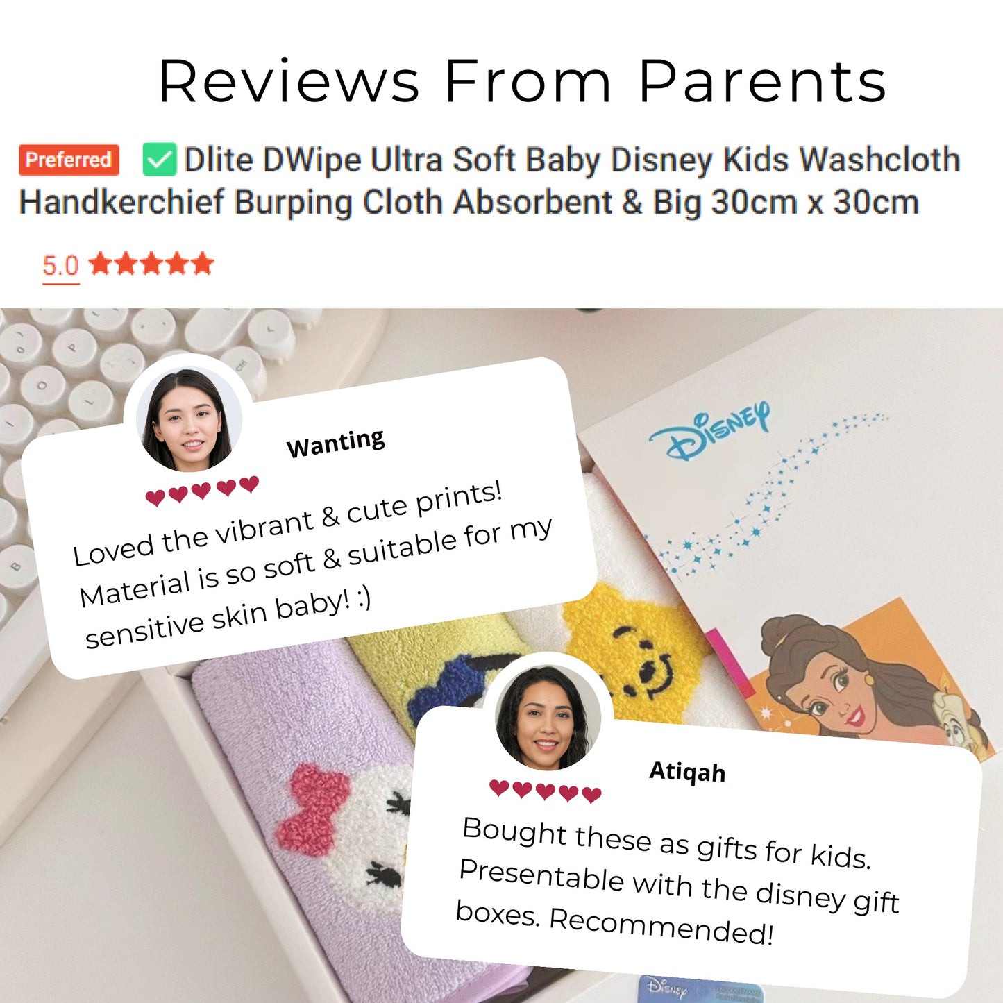 ✅Dlite DWipe Ultra Soft Baby Disney Kids Washcloth Handkerchief Burping Cloth Absorbent & Big 30cm x 30cm