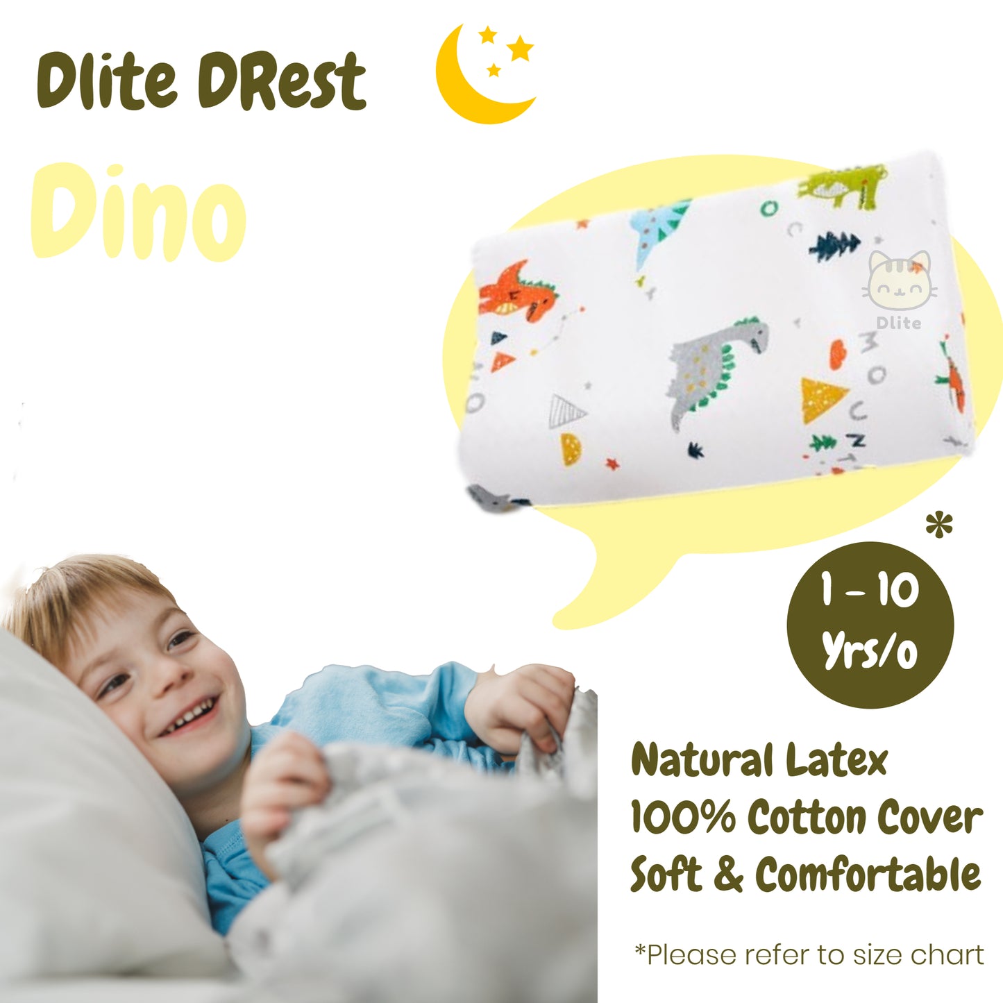 ✅ Dlite DRest Natural Latex Pillow 100% Cotton Pillowcase Kids Pillow 42*27*6cm SGS Compliant