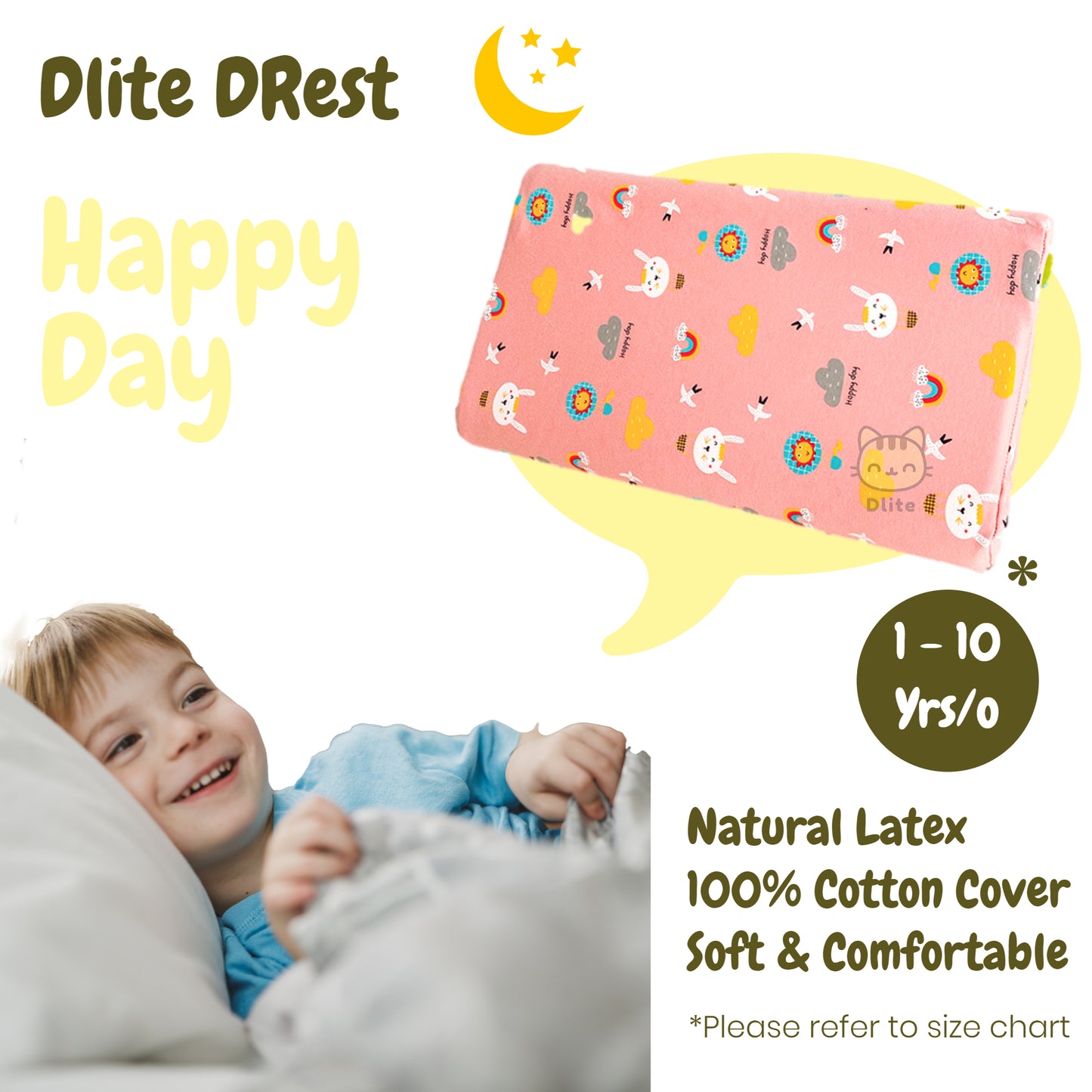 ✅ Dlite DRest Natural Latex Pillow 100% Cotton Pillowcase Kids Pillow 42*27*6cm SGS Compliant