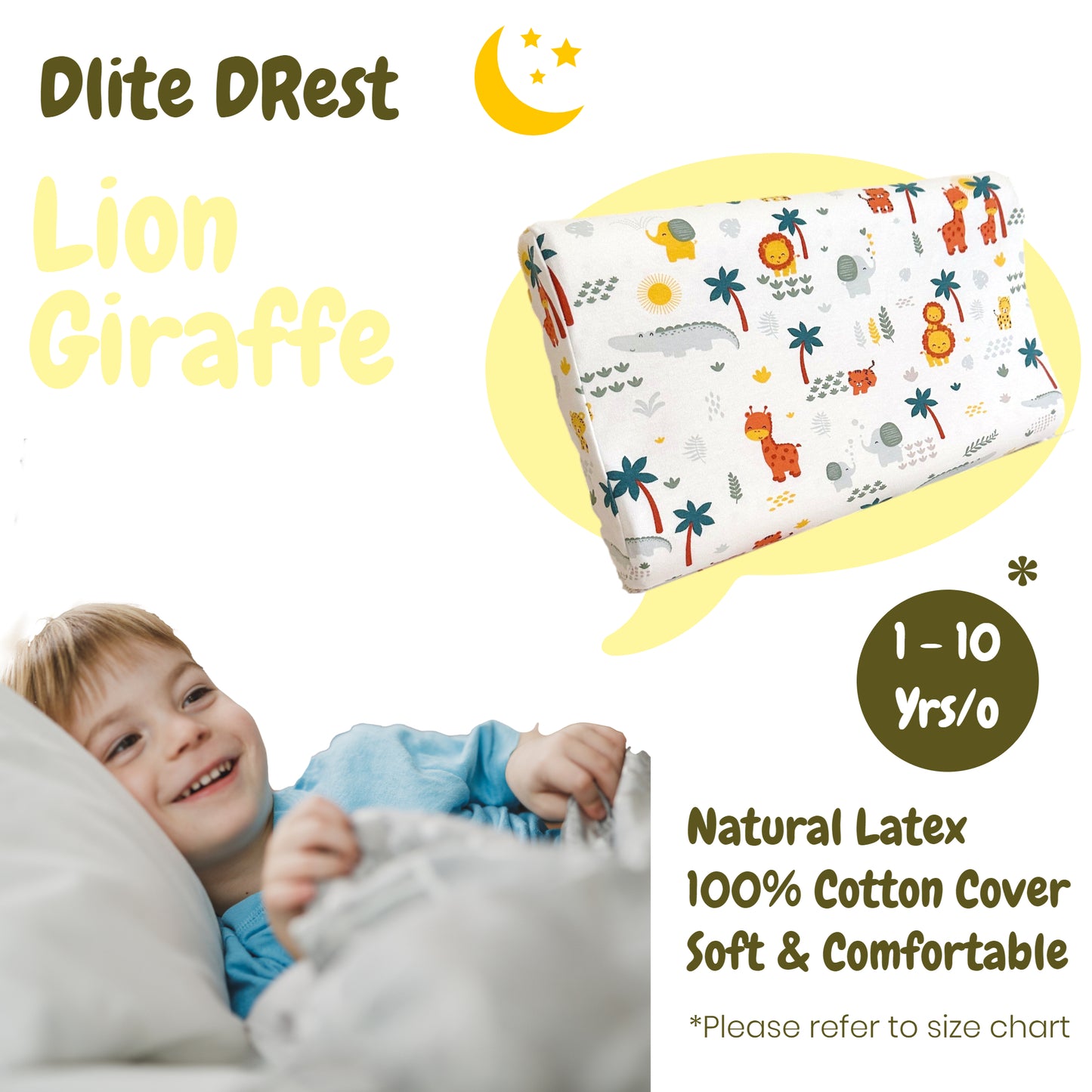 ✅ Dlite DRest Natural Latex Pillow 100% Cotton Pillowcase Kids Pillow 42*27*6cm SGS Compliant
