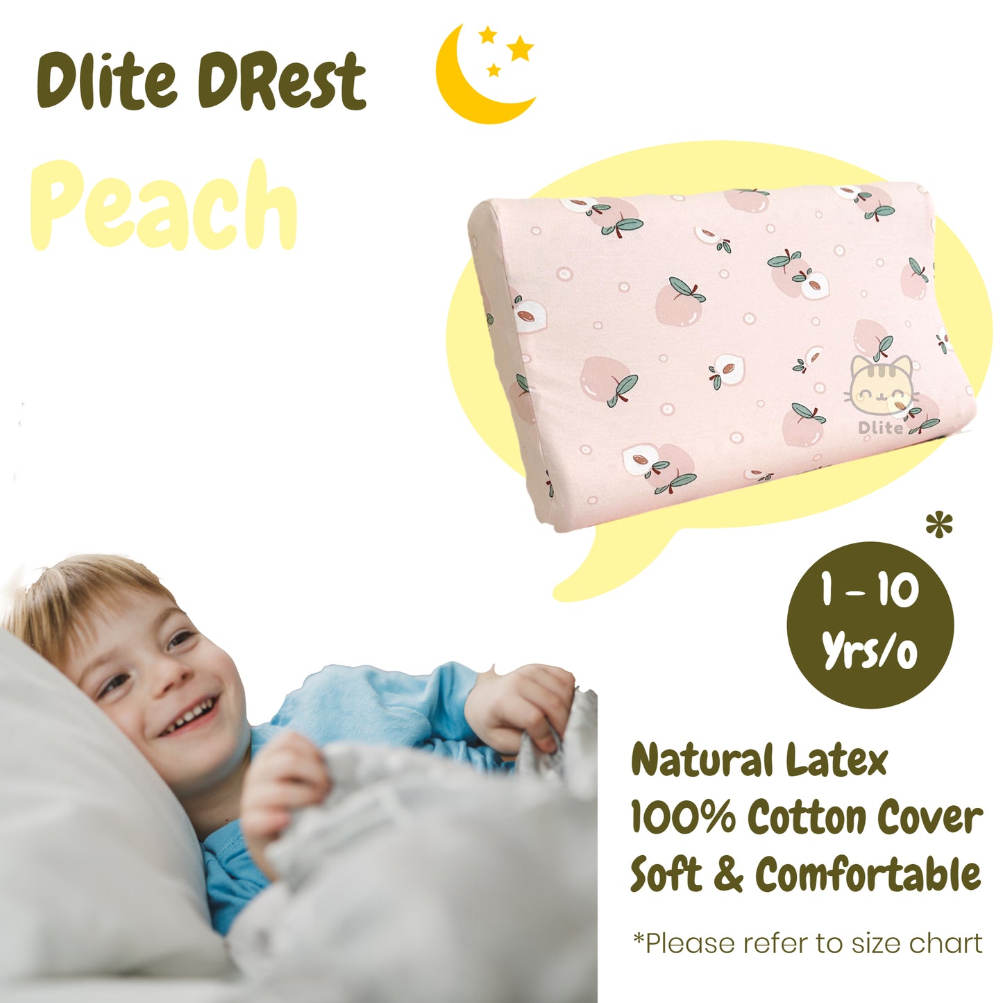 ✅ Dlite DRest Natural Latex Pillow 100% Cotton Pillowcase Kids Pillow 42*27*6cm SGS Compliant
