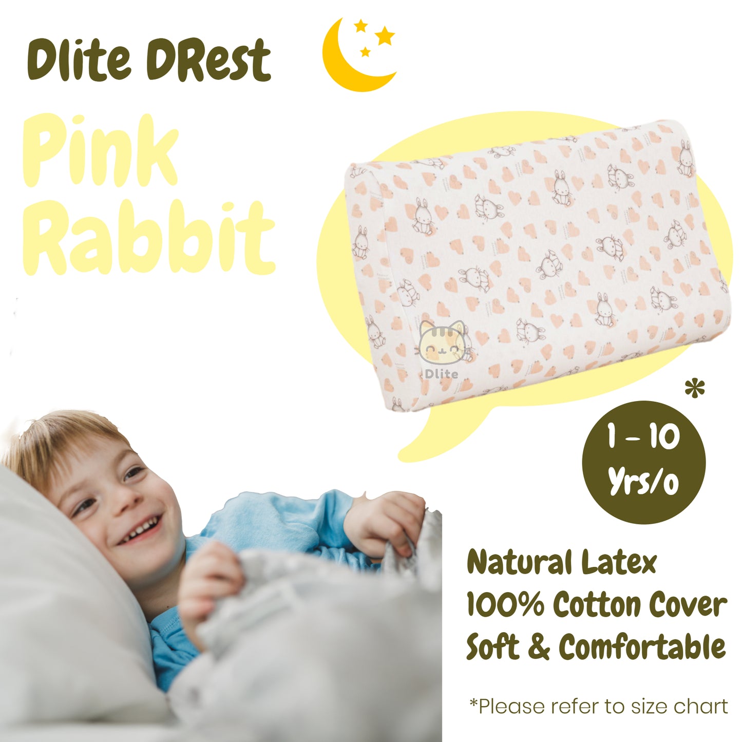✅ Dlite DRest Natural Latex Pillow 100% Cotton Pillowcase Kids Pillow 42*27*6cm SGS Compliant