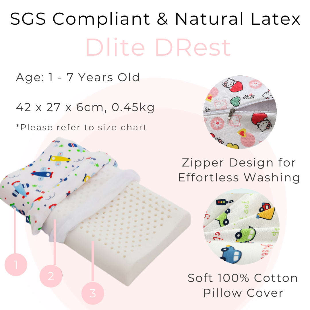 ✅ Dlite DRest Natural Latex Pillow 100% Cotton Pillowcase Kids Pillow 42*27*6cm SGS Compliant
