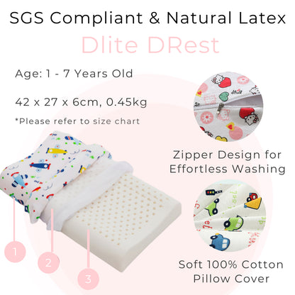 ✅ Dlite DRest Natural Latex Pillow 100% Cotton Pillowcase Kids Pillow 42*27*6cm SGS Compliant